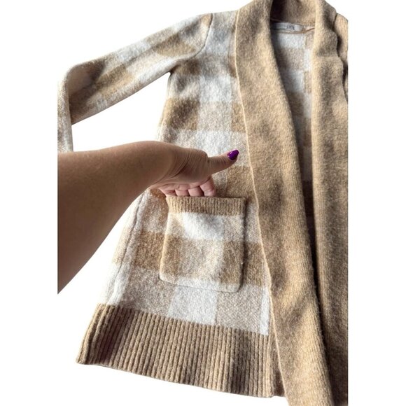 LOFT Women’s Sz M Cream & Tan Buffalo Plaid Open Front Long Cardigan - Picture 7 of 9